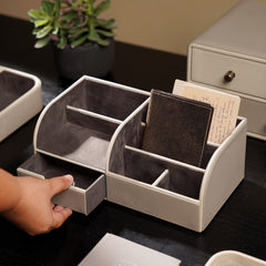 Beige Faux Leather Desk Organiser with Drawer