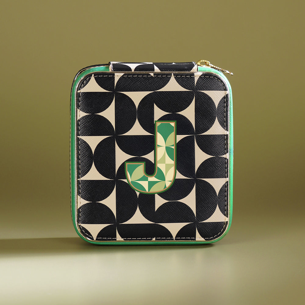 Black & Green J Faux Leather Jewellery Box