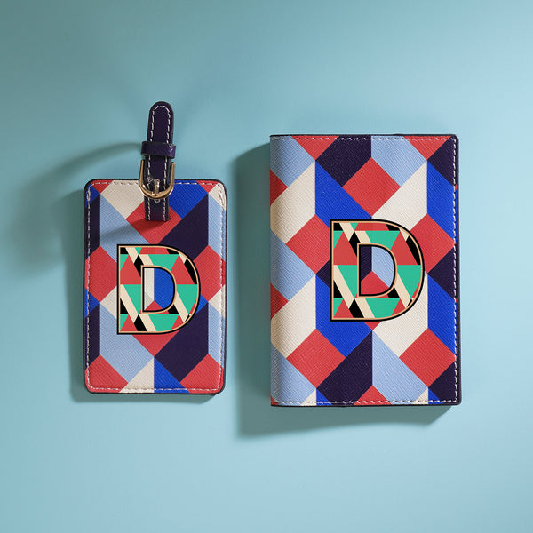 Set of 2 Blue & Peach D Passport Holder & Luggage Tag