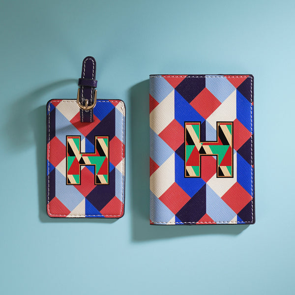 Set of 2 Blue & Peach H Passport Holder & Luggage Tag