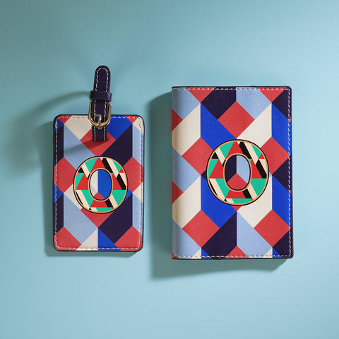 Set of 2 Blue & Peach O Passport Holder & Luggage Tag