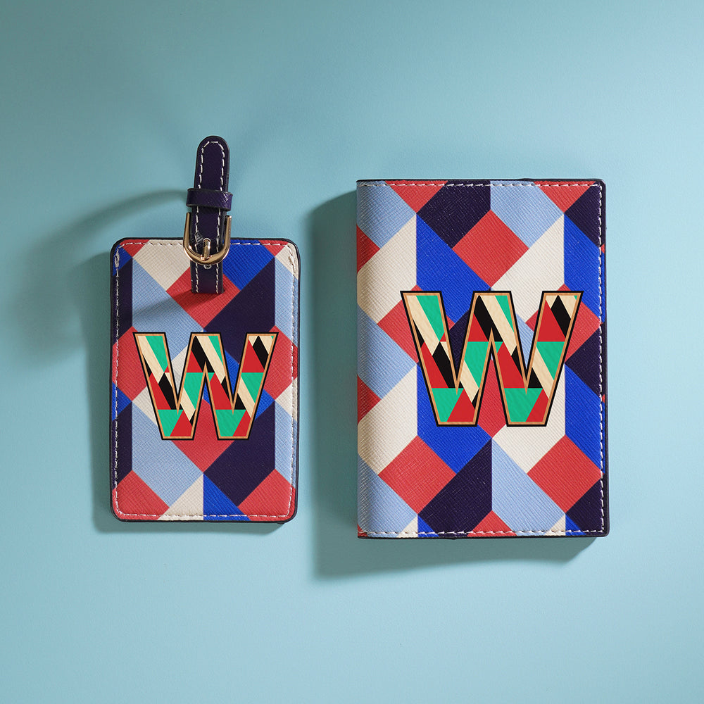 Set of 2 Blue & Peach W Passport Holder & Luggage Tag