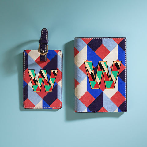 Set of 2 Blue & Peach W Passport Holder & Luggage Tag