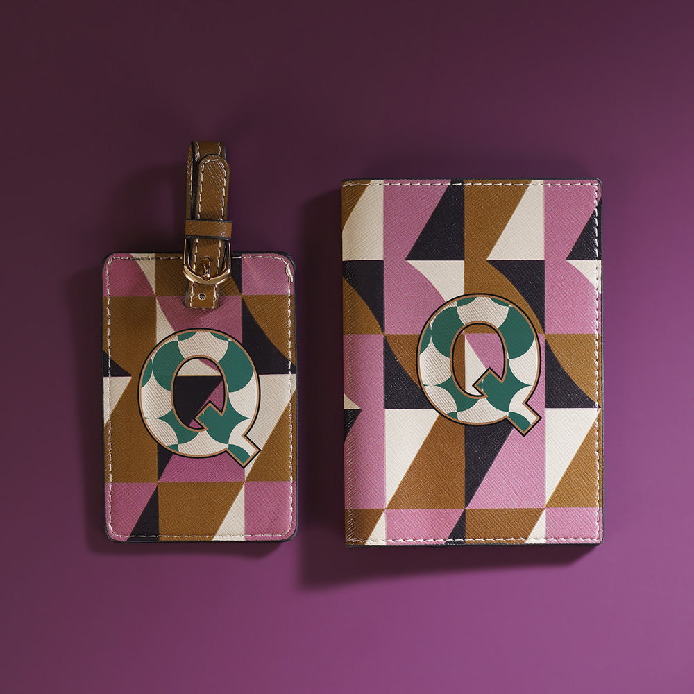 Set of 2 Pink & Green Q Passport Holder & Luggage Tag
