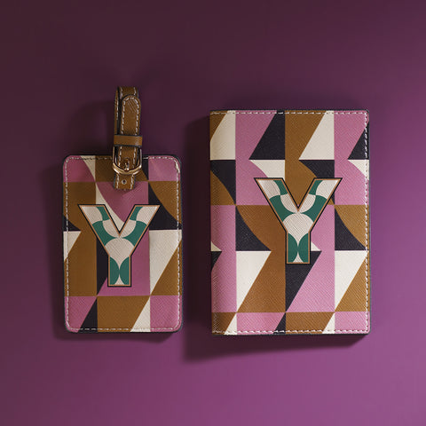 Set of 2 Pink & Green Y Passport Holder & Luggage Tag