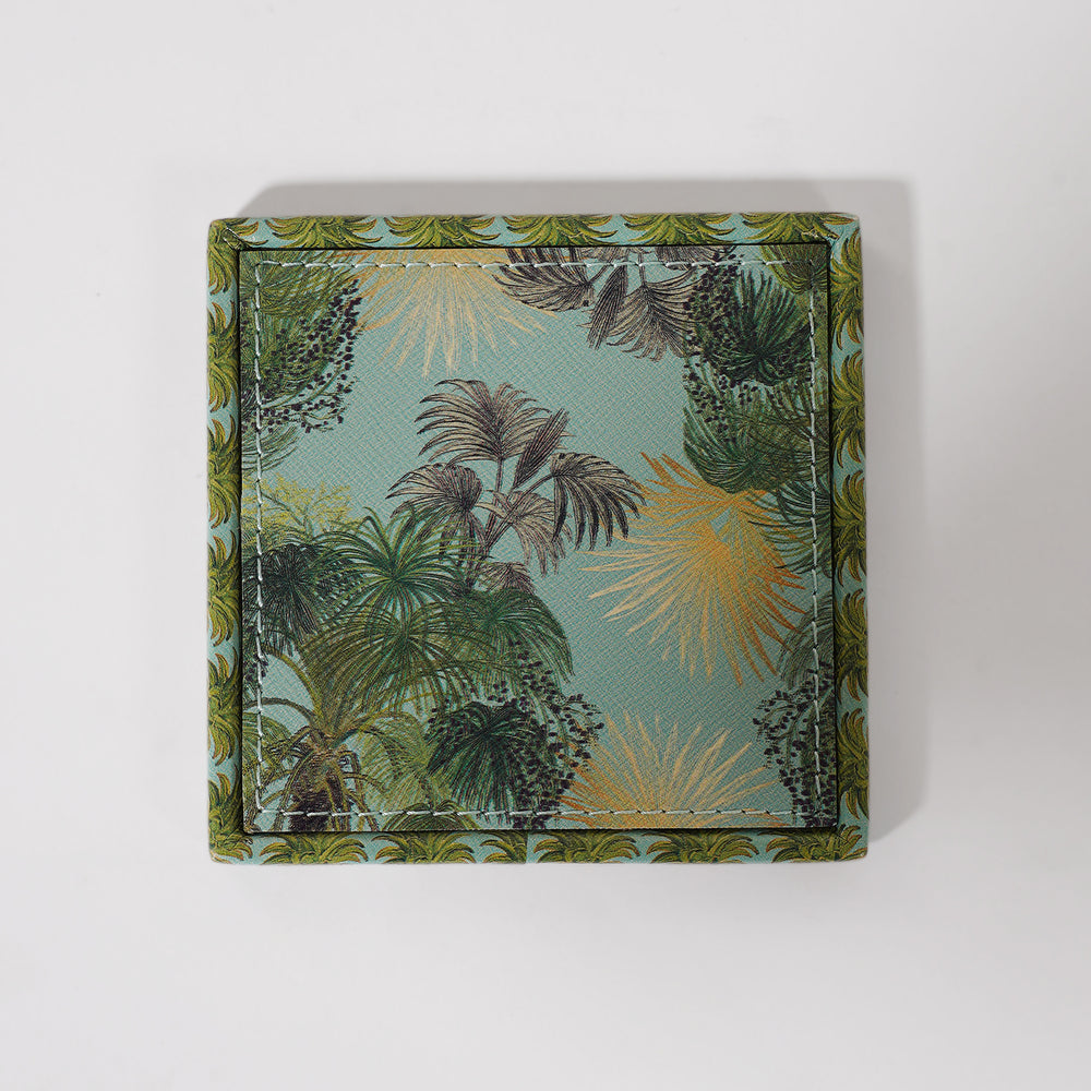 Set of 4 Green Como Printed Faux Leather Square Coasters
