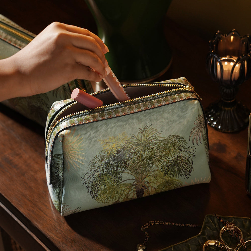 Green Como Printed Faux Leather Vanity Pouch - Small