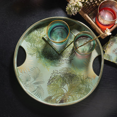 Green Como Printed Faux Leather Round Serving Tray