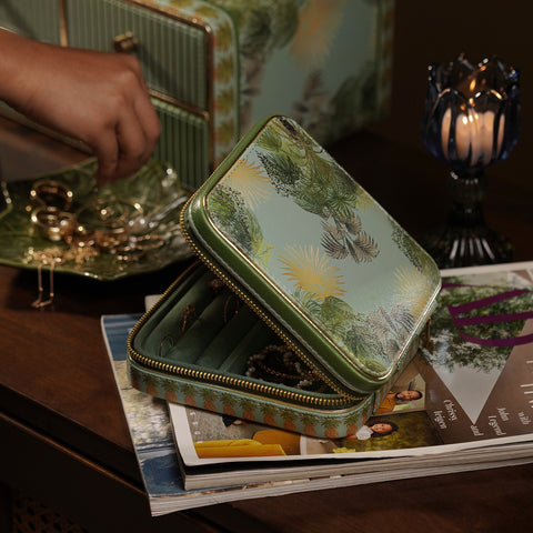Green Como Printed Faux Leather Square Travel Jewellery Box
