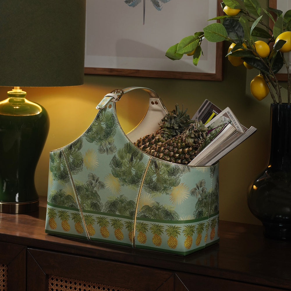 Green Como Printed Faux Leather Magazine Basket