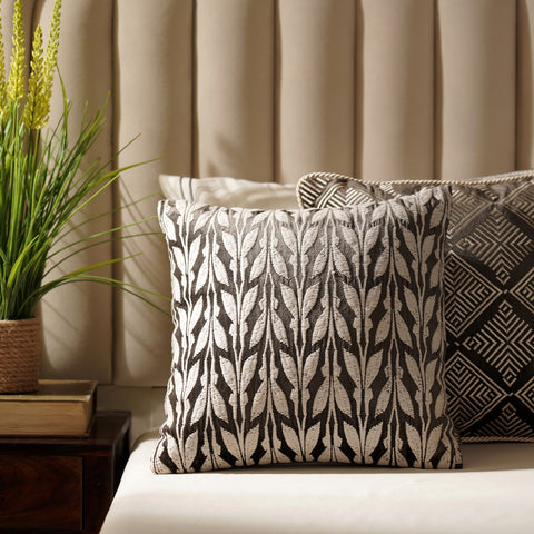 Brown Off White Embroidered Square Cushion Cover