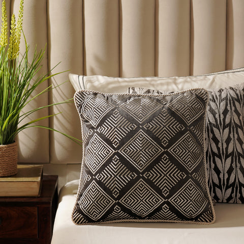 Brown Geometric Embroidered Cushion Cover