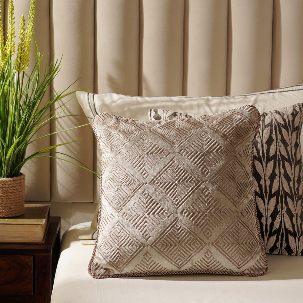 Beige Geometric Embroidered Cushion Cover