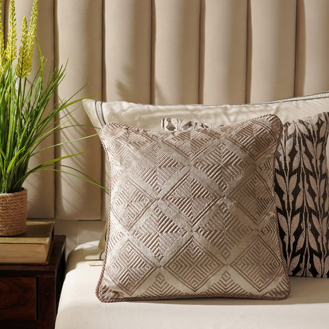 Beige Geometric Embroidered Cushion Cover