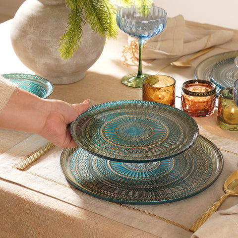 Set of 2 Blue Embellished Glass Dessert Plates