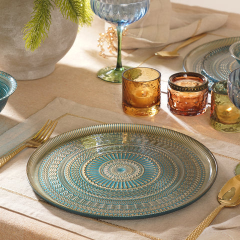 Set of 2 Blue Embellished Glass Dinner Plates