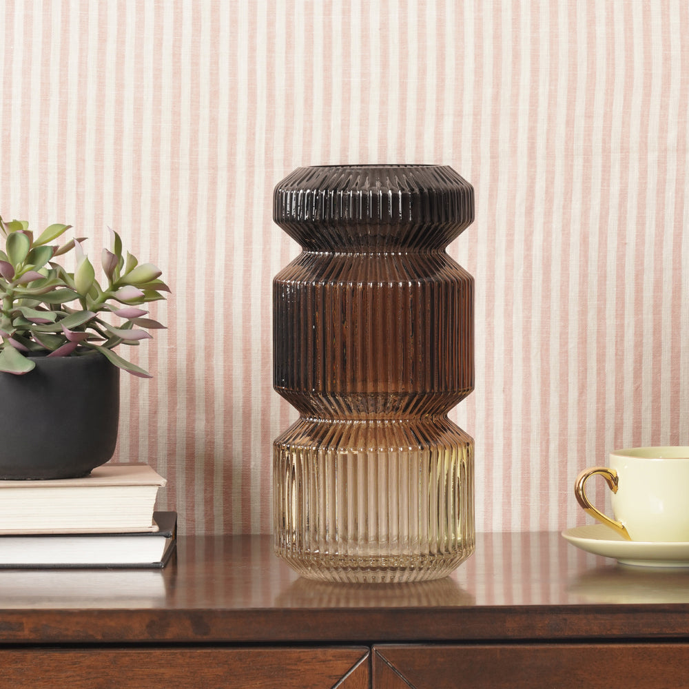 Brown 3 Tone Geometric Ribbed Glass Vase