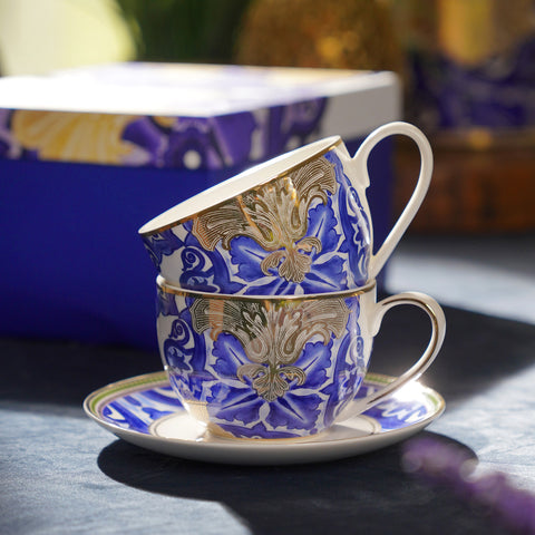 Set of 2 Blue Amalfi Print Tea Cups & Saucers