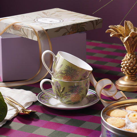 Set of 2 Green Pineapple Print Tea Cups & Saucers