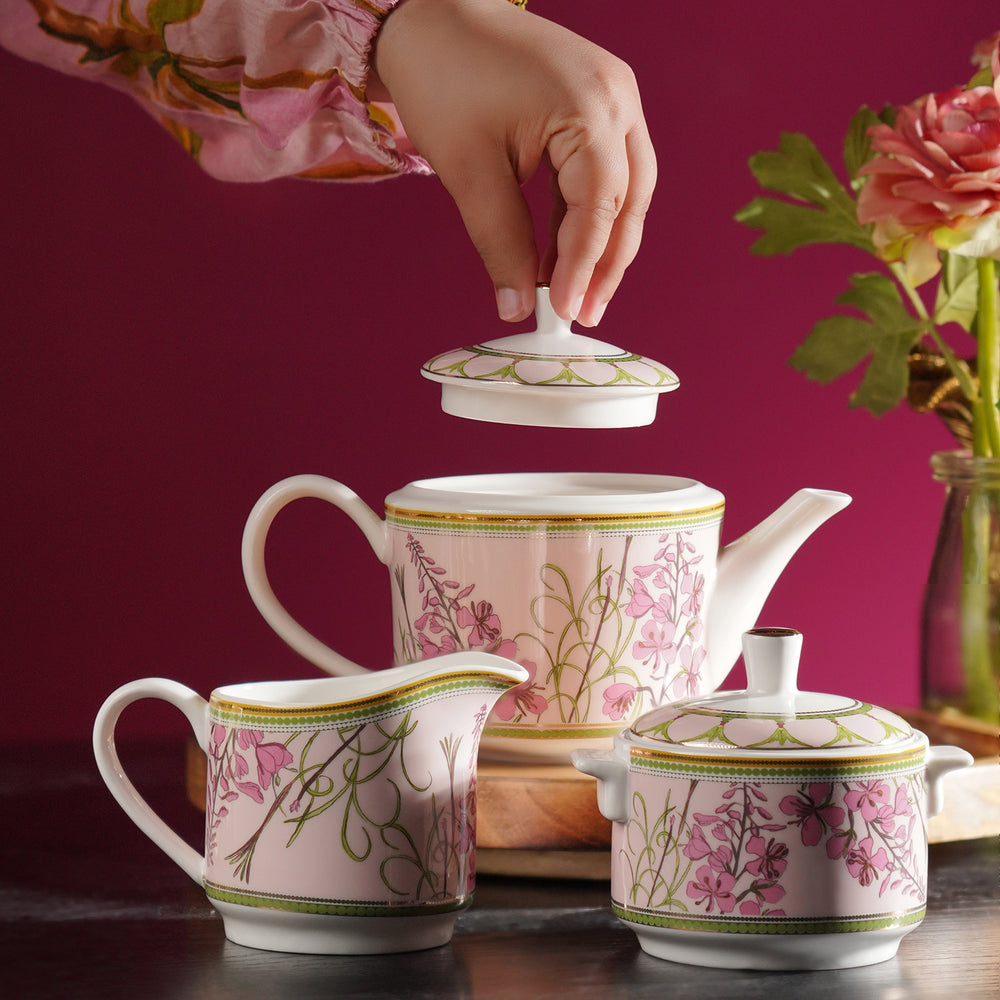 Set of 3 Pink Tuileries Print Tea Set