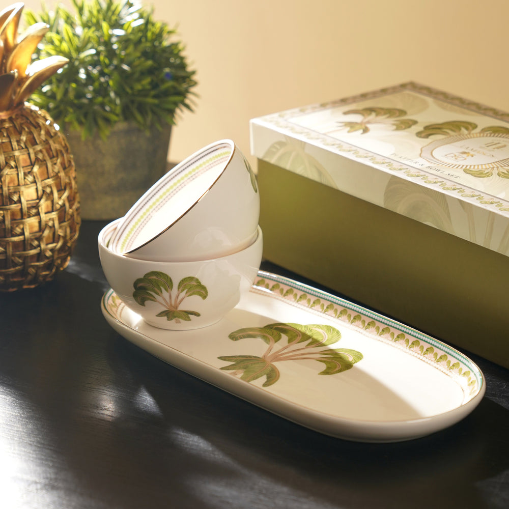 Set of 3 Green Solen Print Platter & Bowls