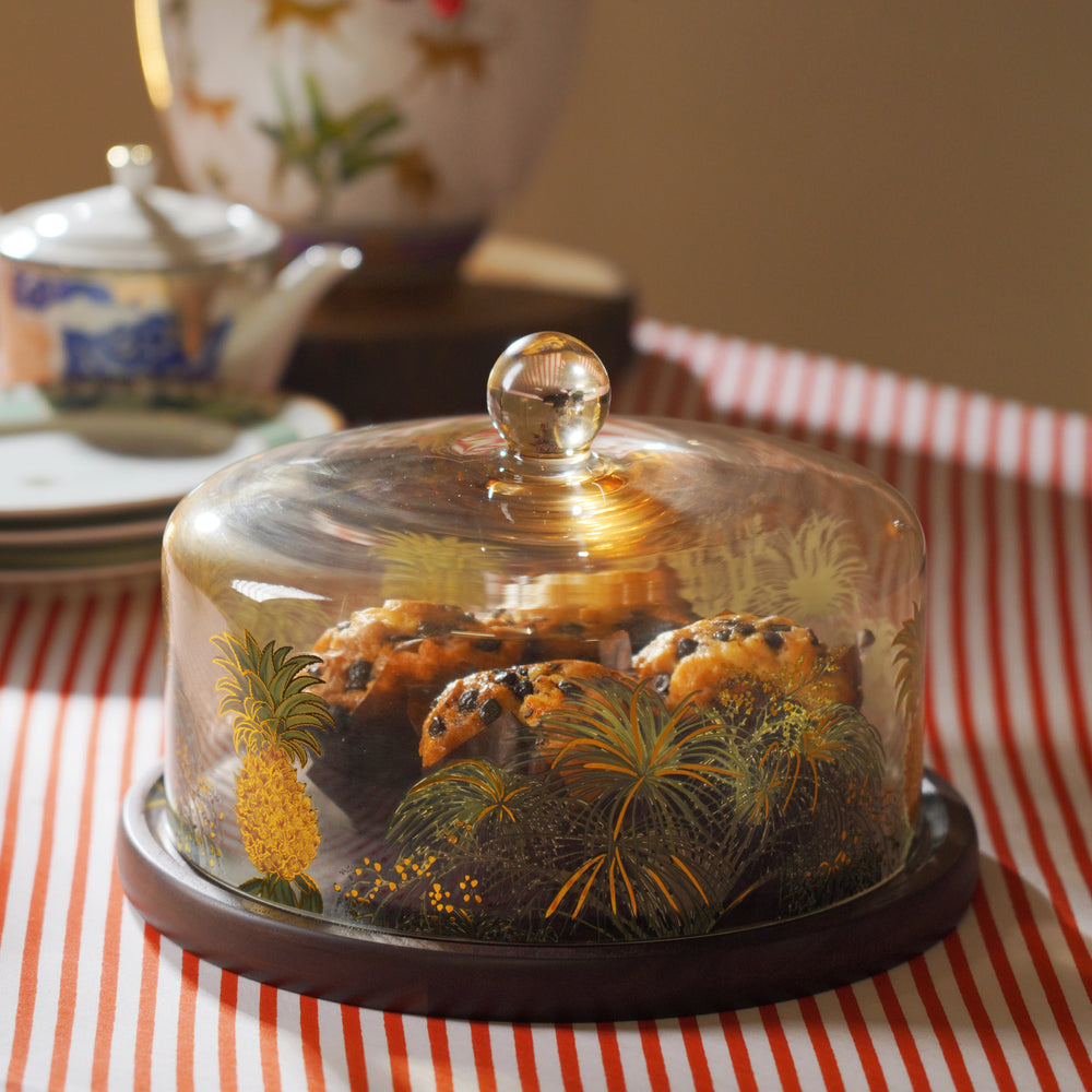 Clear Glass Printed Cloche with Wooden Base
