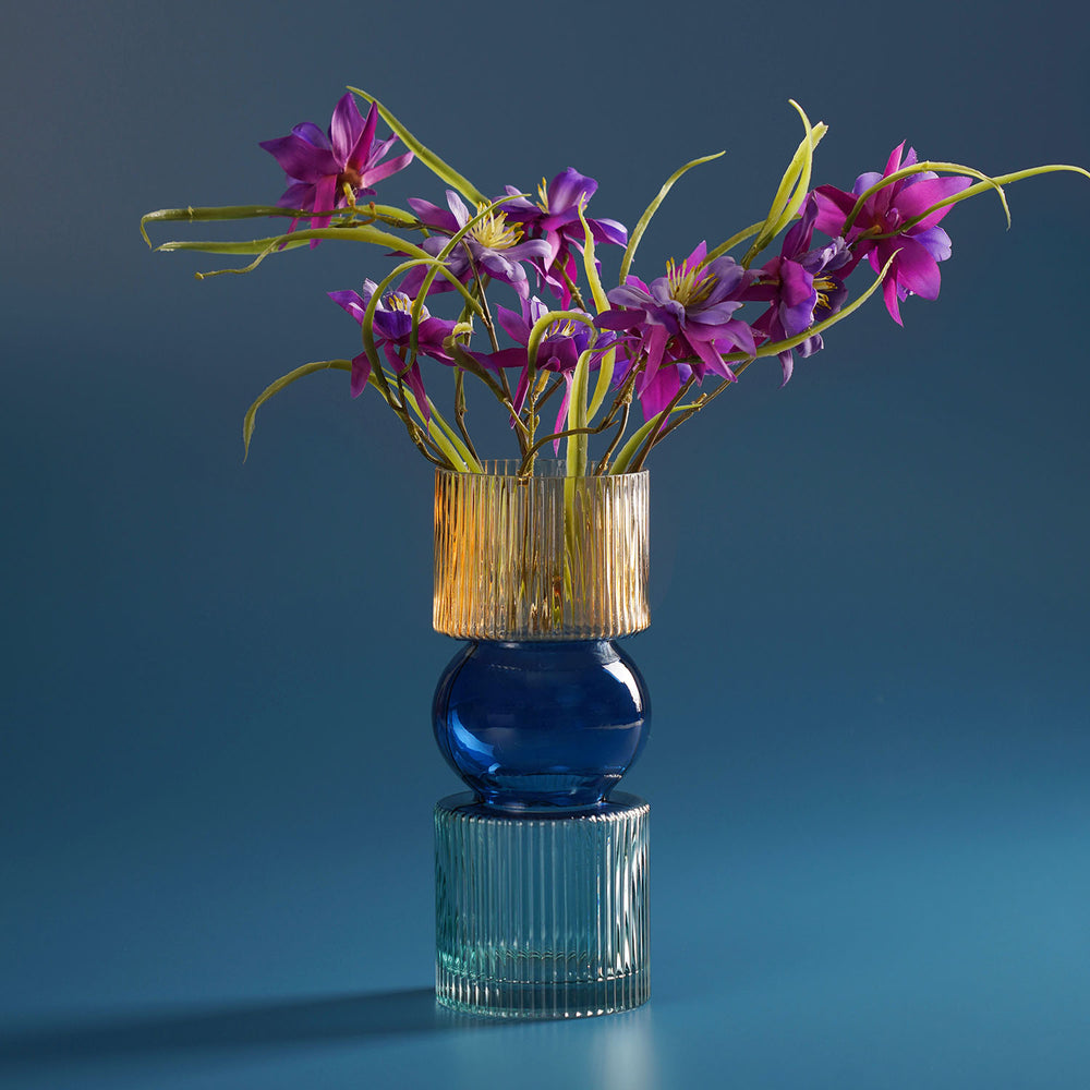 Blue 3 Tone Geometric Ribbed Glass Vase