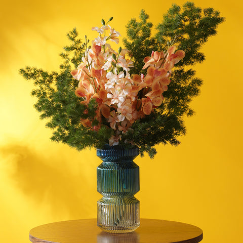 Blue 3 Tone Geometric Ribbed Glass Vase