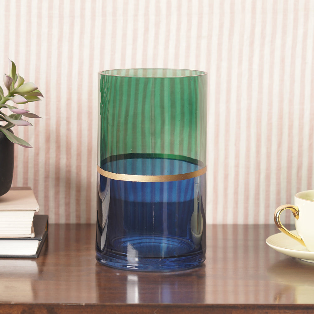 Green & Blue Two Tone Cylindrical Glass Vase