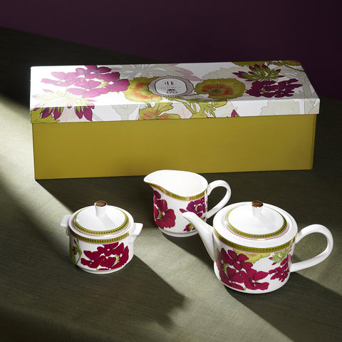 Set of 3 Red & Green Rosabay Print Tea Set