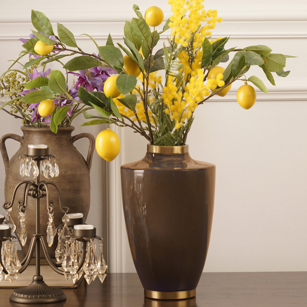 Brown Bottleneck Ceramic Vase with Gold Rim - Large