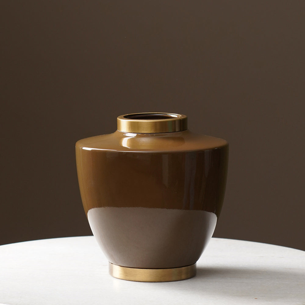 Brown Ceramic Bottleneck Vase with Gold Rim