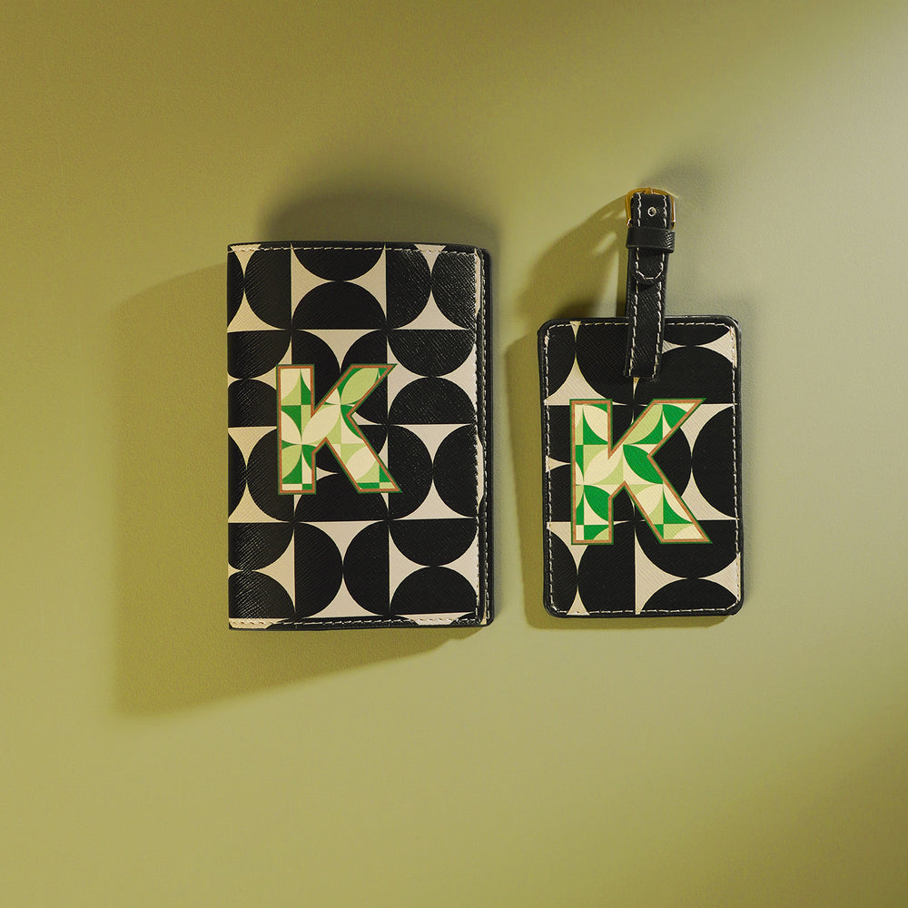 Set of 2 Black & Green K Passport Holder & Luggage Tag