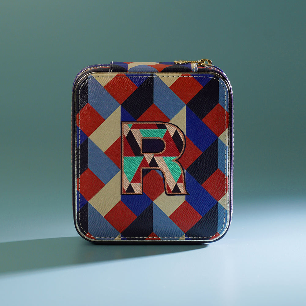 Blue & Peach R Faux Leather Jewellery Box