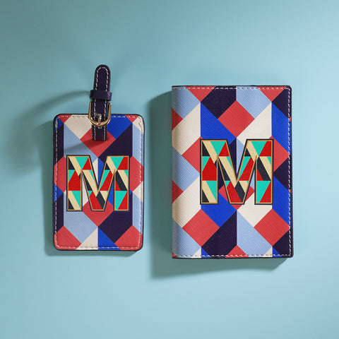 Set of 2 Blue & Peach M Passport Holder & Luggage Tag
