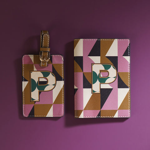 Set of 2 Pink & Green P Passport Holder & Luggage Tag