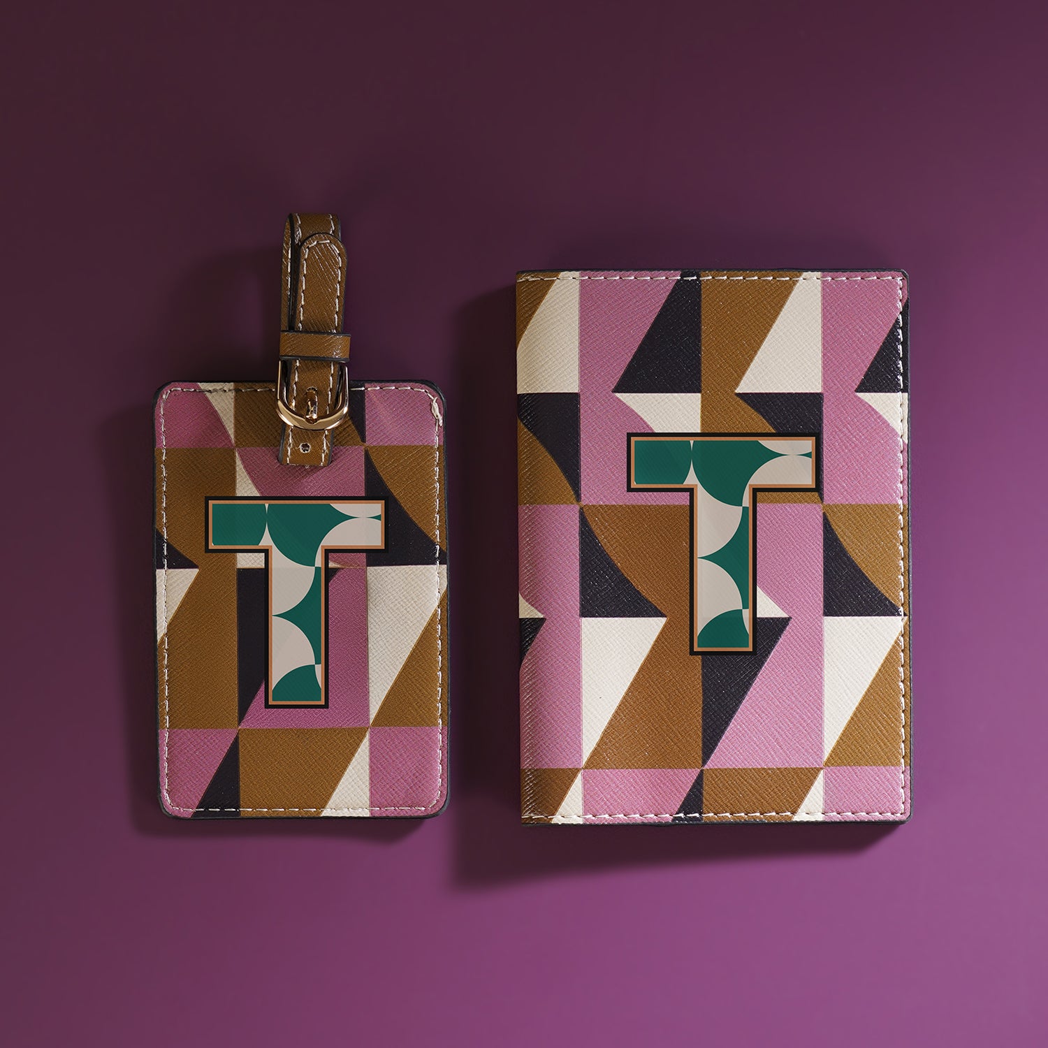 Shop Set of 2 Pink & Green T Passport Holder & Luggage Tag - at