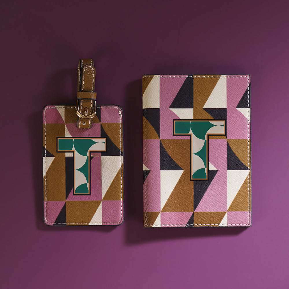 Set of 2 Pink & Green T Passport Holder & Luggage Tag