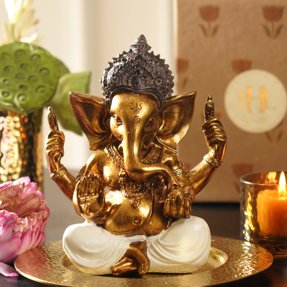 Ivory Antique Gold Polyresin Sitting Ganesha - Large