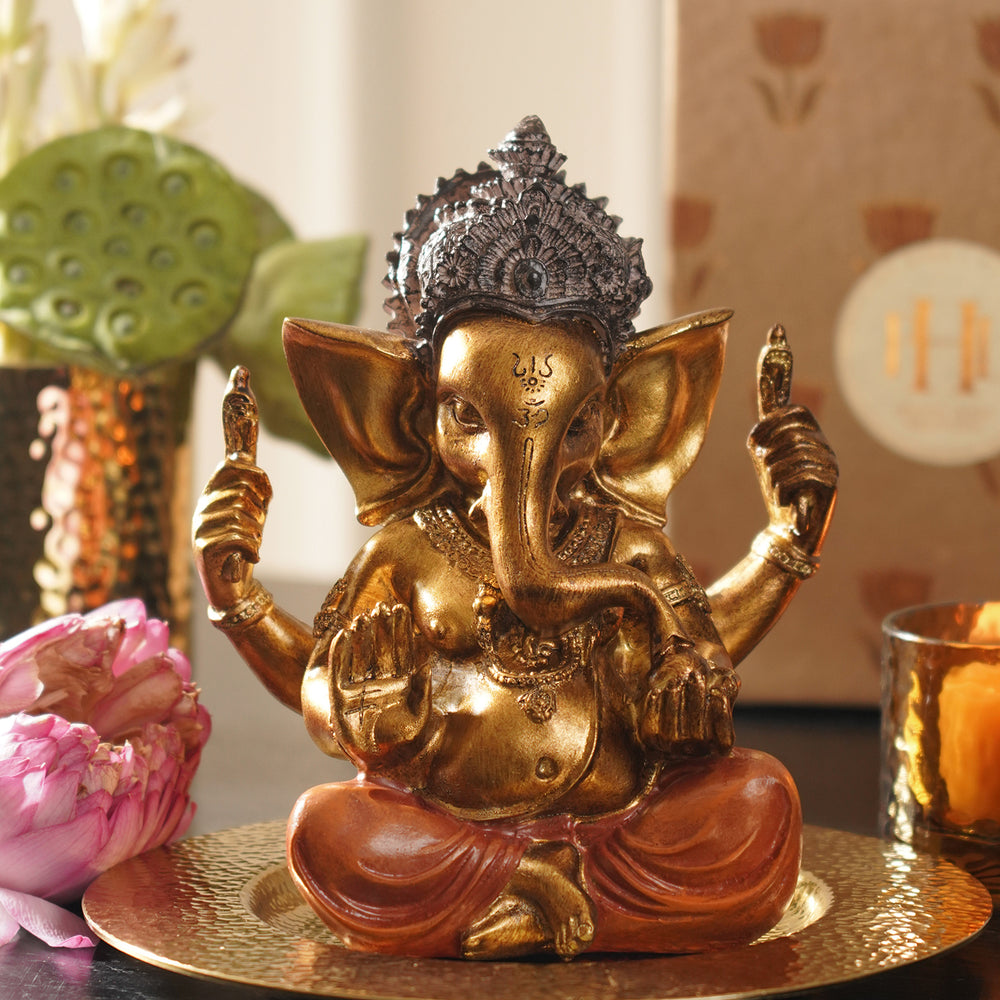 Orange Antique Gold Polyresin Sitting Ganesha - Large