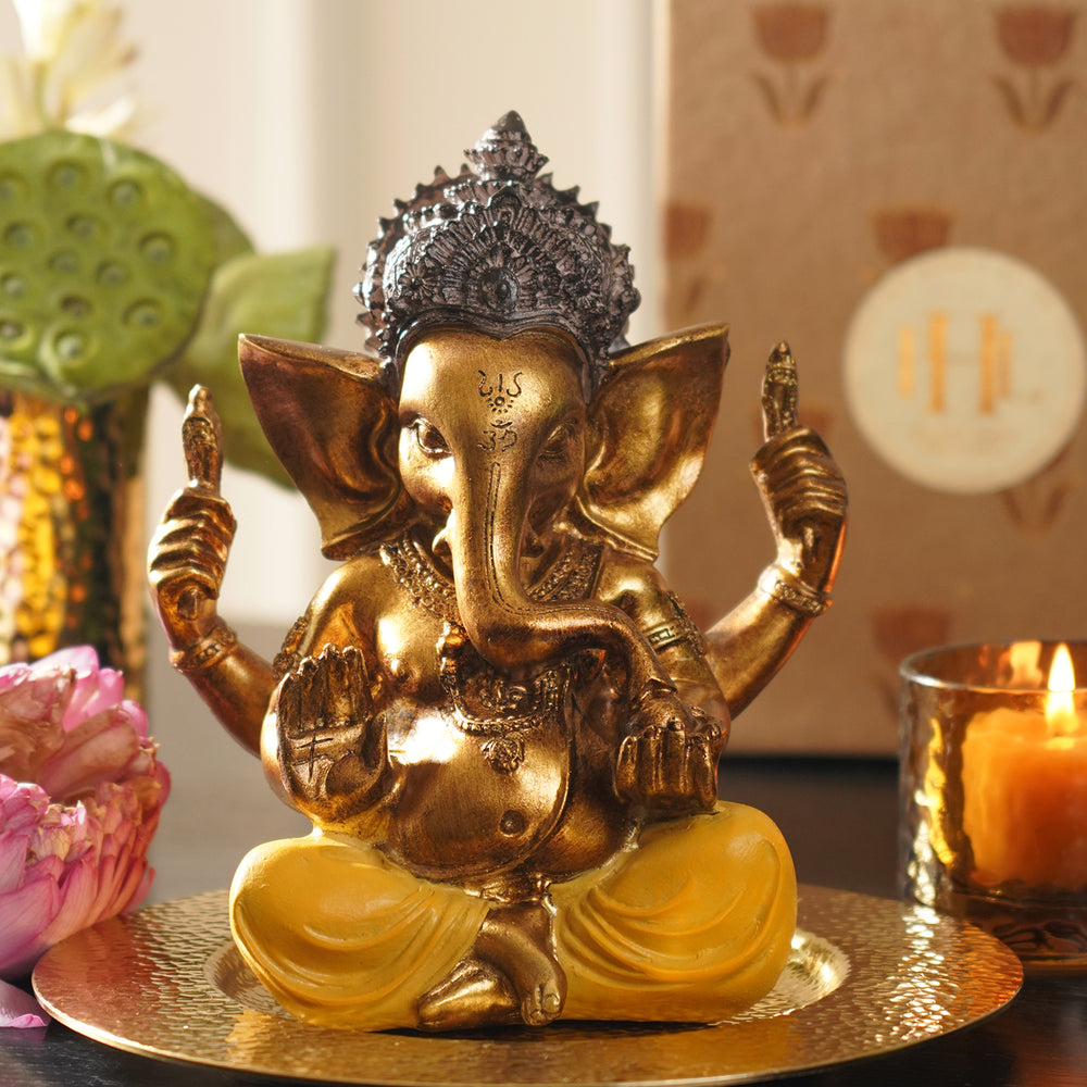 Yellow Antique Gold Polyresin Sitting Ganesha - Large