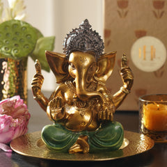 Dark Green Antique Gold Polyresin Sitting Ganesha - Large