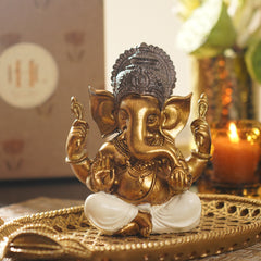 Ivory Antique Gold Polyresin Sitting Ganesha - Medium