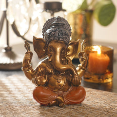 Orange Antique Gold Polyresin Sitting Ganesha - Medium