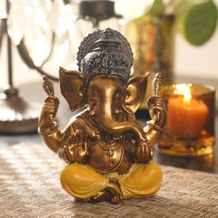 Yellow Antique Gold Polyresin Sitting Ganesha - Medium