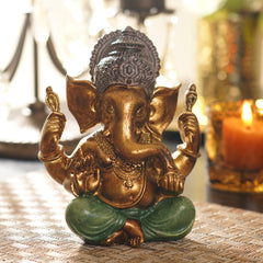 Dark Green Antique Gold Polyresin Sitting Ganesha - Medium