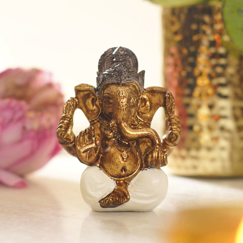 Ivory Antique Gold Polyresin Sitting Ganesha - Small