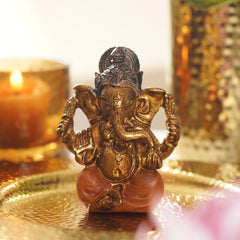 Orange Antique Gold Polyresin Sitting Ganesha - Small