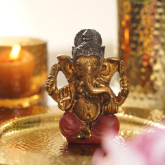 Dark Red Antique Gold Polyresin Sitting Ganesha - Small