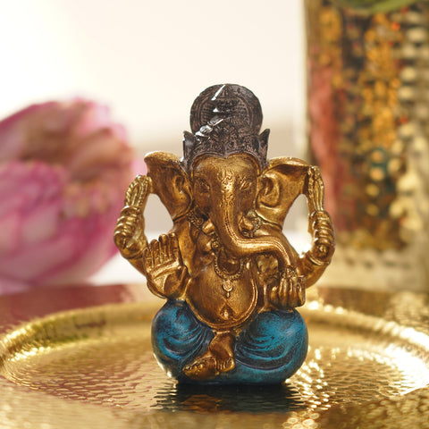 Dark Blue Antique Gold Polyresin Sitting Ganesha - Small